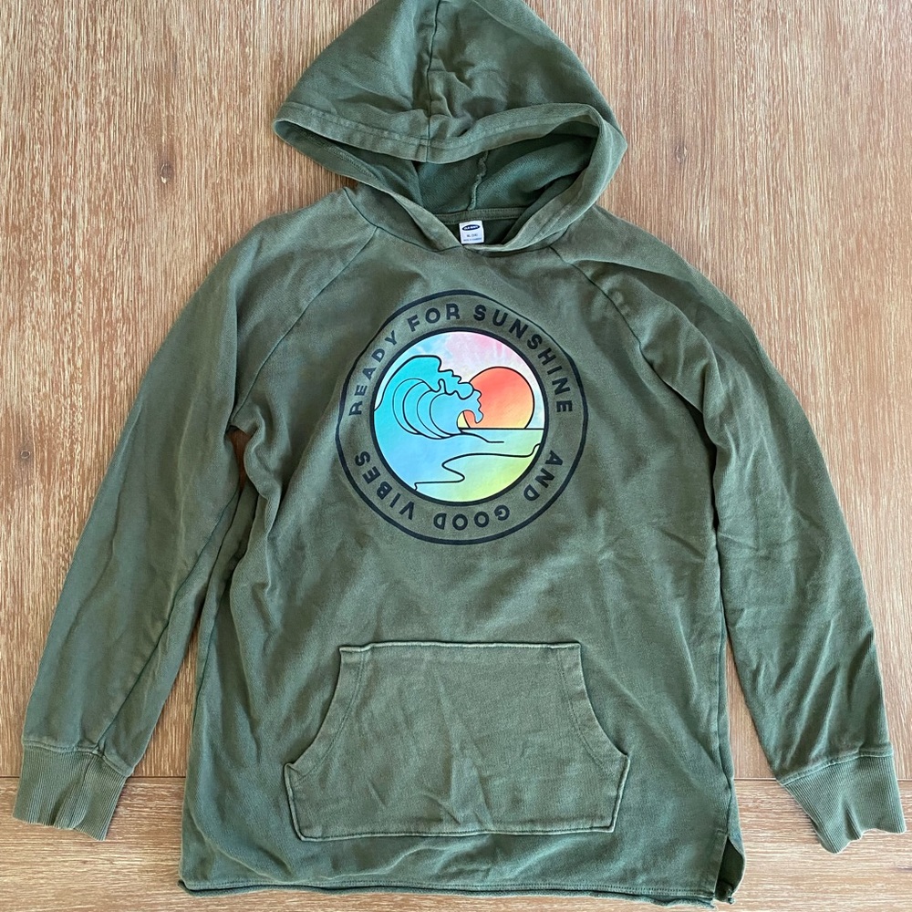 Old Navy Girls’ Olive Green Sunshine & Good Vibes Pullover Hooded Sweatshirt